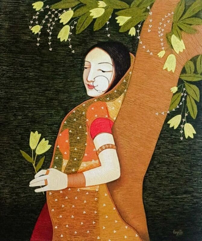 Lady resting against tree 