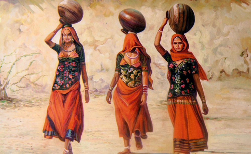 Three women in village