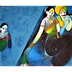 vibrant paintings are inspired by rural women folk that are portrayed in signature style