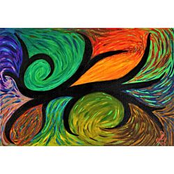 An abstract image that emphasizes color or texture in a simple way can become the focal point of a living room,