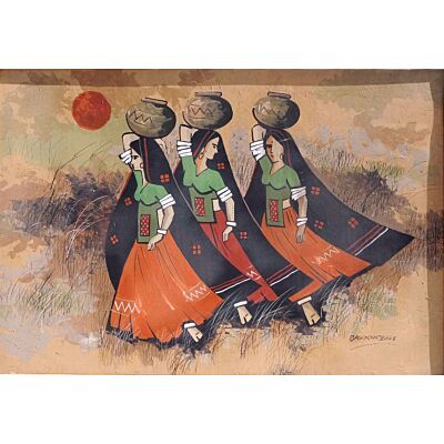 Canvas Village Painting - 3 LADY WITH POT - 1