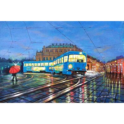 Blue Tram in city of Joy