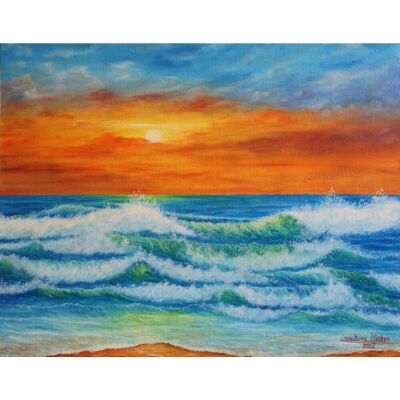 Emerald Green Sea Waves at Sunset