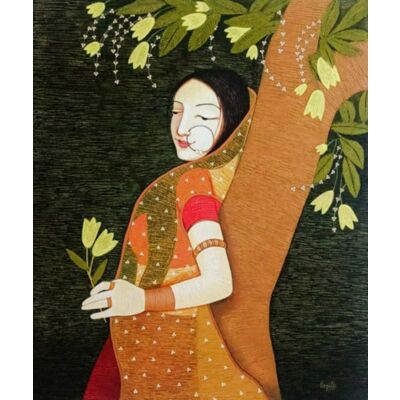 Lady resting against tree 