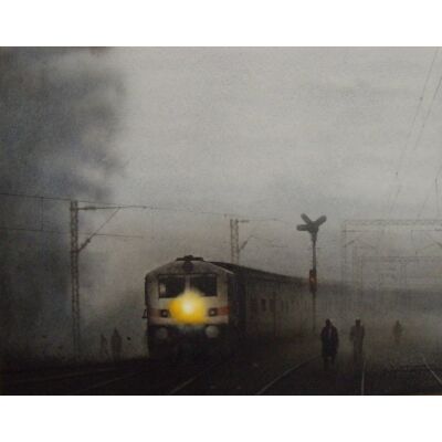 train in foggy morning